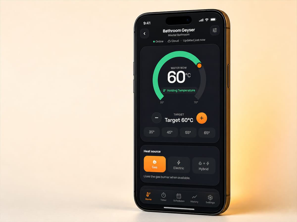 The ezGeyser mobile application showing current water temperature, target temperature and heat source selection